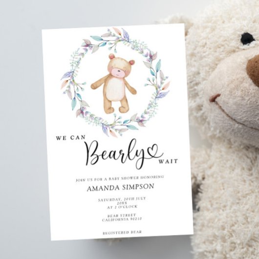 Invitation Boho Teddy Bear Girl Rose Bearly Wait Baby shower
