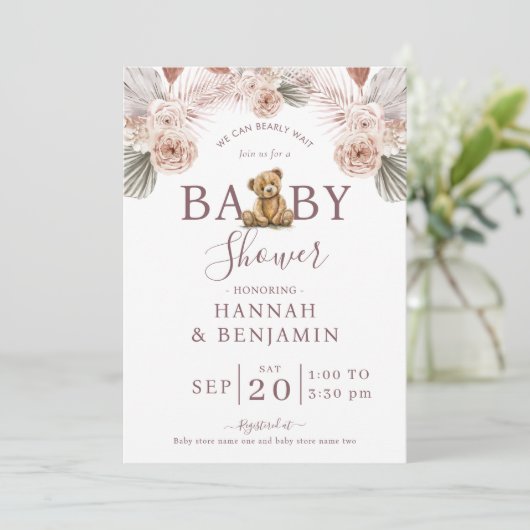 Invitation Boho Teddy Bear Girl Rose Bearly Wait Baby shower (Debout devant)