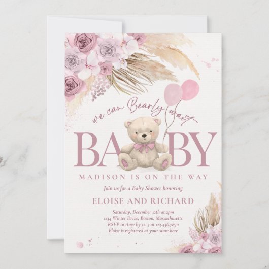 Invitation Boho Teddy Bear Mauve Pink Bearly Wait Baby shower (Devant)