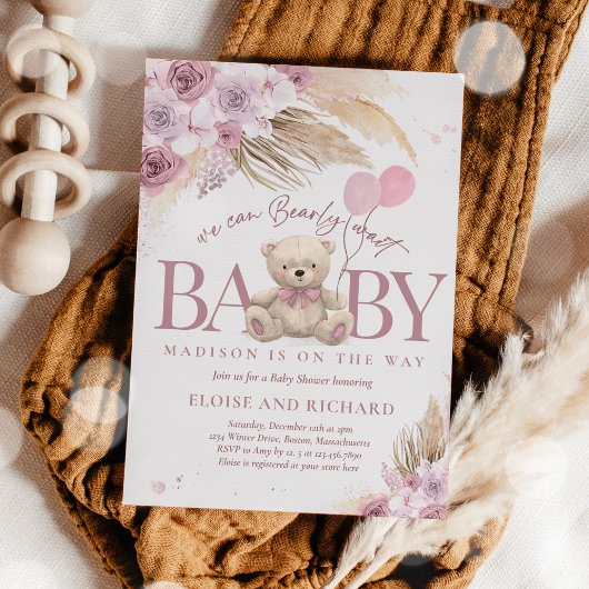 Invitation Boho Teddy Bear Mauve Pink Bearly Wait Baby shower