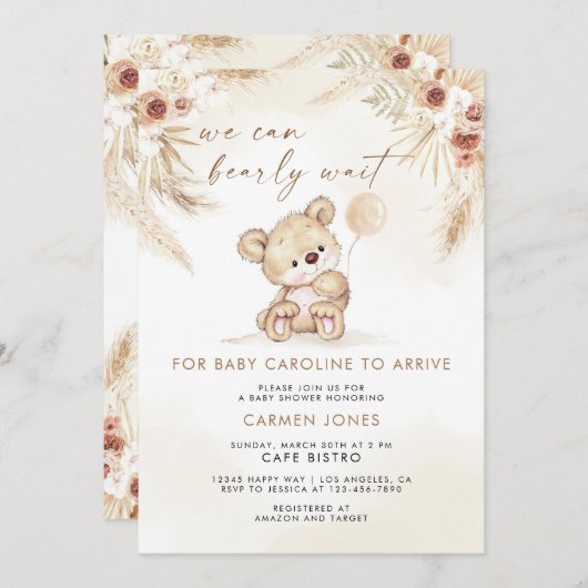 Invitation Boho Teddy Bear Pampas Baby shower en herbe Invita (Devant / Derrière)