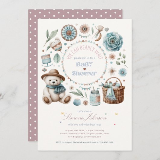 Invitation Boho Teddy Bear Pique-Nique Baby shower Thème Unis (Devant / Derrière)
