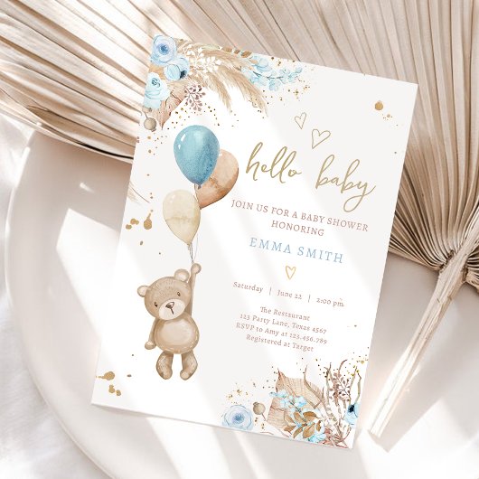 Invitation Boho Teddy Bear Pique-nique Boy Baby shower bleu