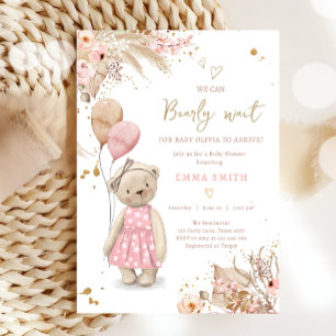 Invitation Boho Teddy Bear Pique-nique Girl Baby shower rose
