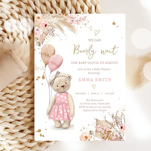 Invitation Boho Teddy Bear Pique-nique Girl Baby shower rose
