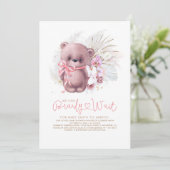 Invitation Boho Teddy Bear rose Bearly Wait Girl Baby shower (Debout devant)