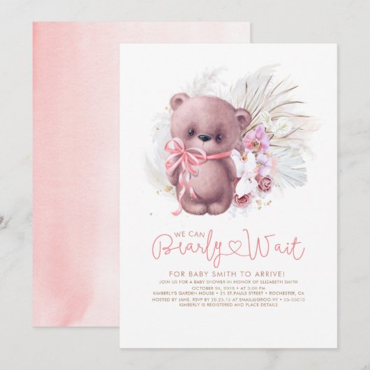 Invitation Boho Teddy Bear rose Bearly Wait Girl Baby shower (Devant / Derrière)