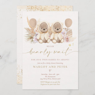 Invitation Boho Teddy Bear Sexe Baby shower jumeau neutre