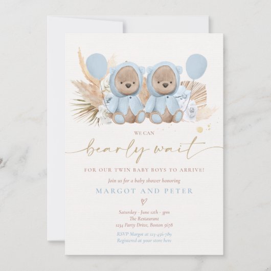 Invitation Boho Teddy Bear Twin Boys Bearly Wait Baby shower (Devant)