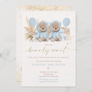 Invitation Boho Teddy Bear Twin Boys Bearly Wait Baby shower