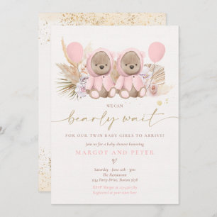 Invitation Boho Teddy Bear Twin Girls Bearly Wait Baby shower
