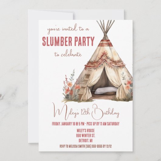 Invitation Boho TeePee Fête de bois d'oeuvre, Couche de nuit, (Devant)