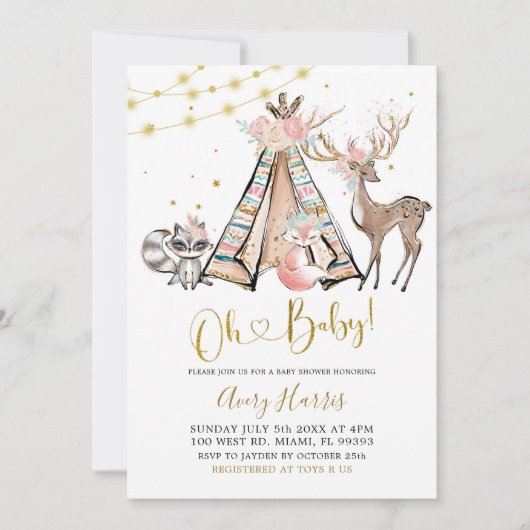 Invitation Boho Teepee rose Floral Baby shower forestier Invi (Devant)