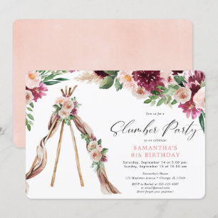 Invitation Boho teepepee fleurie tente sommeil fête
