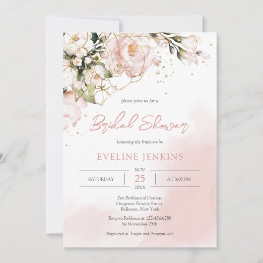 Invitation Boho tendance rose et or fleurs eucalyptus (Devant)