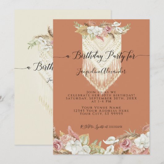 Invitation Boho Terra Cotta Tropical Floral Pampas Anniversai (Devant / Derrière)