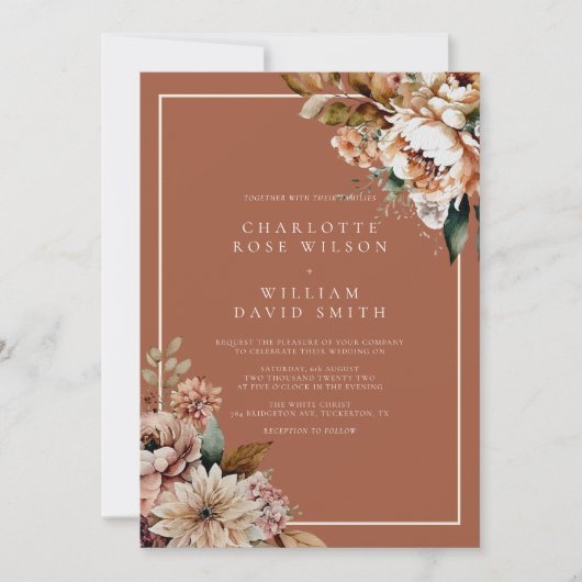 Invitation Boho Terracotta Aquarelle Fleurs Mariage d'automne (Devant)