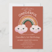 Invitation Boho Terracotta Arc-en-ciel nuages 1er anniversair (Devant)