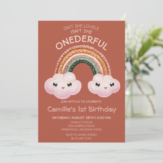 Invitation Boho Terracotta Arc-en-ciel nuages 1er anniversair (Debout devant)