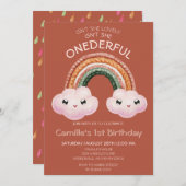 Invitation Boho Terracotta Arc-en-ciel nuages 1er anniversair (Devant / Derrière)