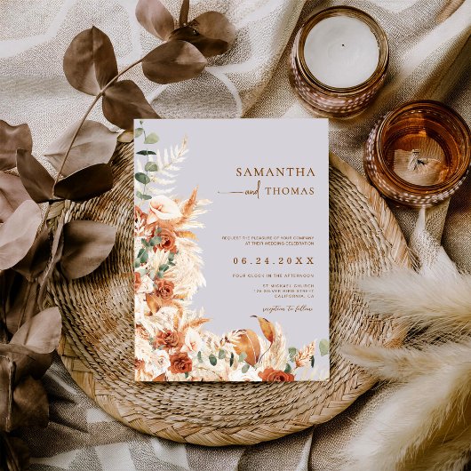 Invitation Boho Terracotta Botanical Pampas Photo Wedding