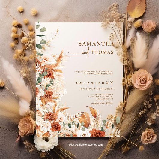 Invitation Boho Terracotta Botanique Pampas Elegance Mariage