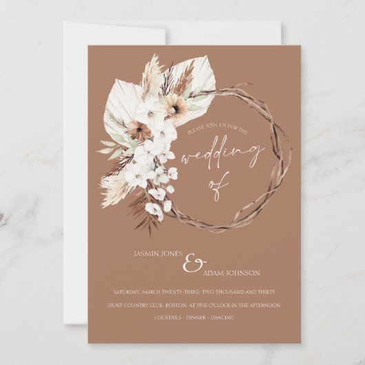 Invitation Boho Terracotta Brown séché fleuri Mariage (Devant)