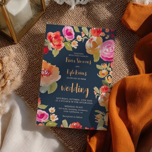 Invitation Boho Terracotta brûlé Orange Floral Mariage