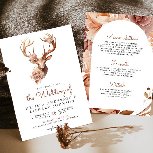 Invitation Boho Terracotta Cerf Floral tout en un Mariage