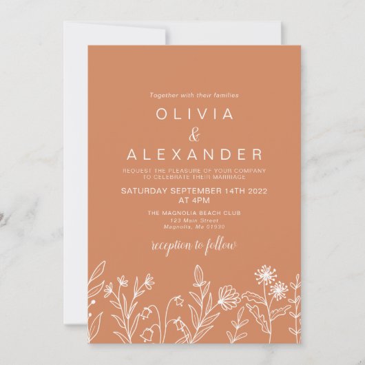 Invitation Boho Terracotta élégant mariage fleur sauvage (Devant)