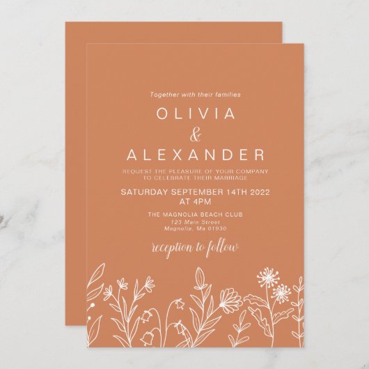 Invitation Boho Terracotta élégant mariage fleur sauvage (Devant / Derrière)