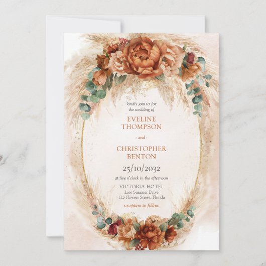 Invitation Boho Terracotta et fleurs bordeaux pampas herbe (Devant)