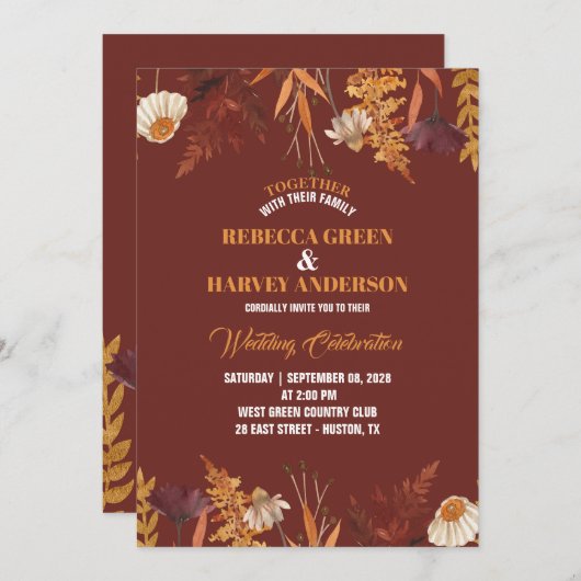 Invitation Boho Terracotta Fleur sauvage Mariage de automne d (Devant / Derrière)