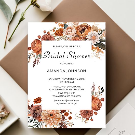 Invitation Boho Terracotta fleurs automne nuptiale douche