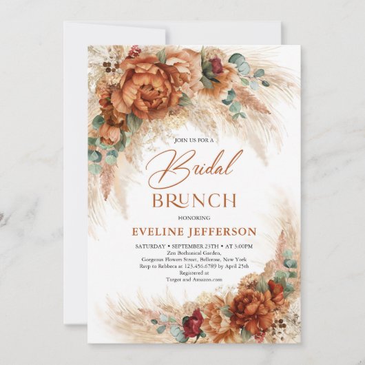 Invitation Boho Terracotta fleurs de rouille en cuivre Brunch (Devant)