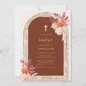 Invitation Boho Terracotta Floral Arch Cross Baptême (Devant)