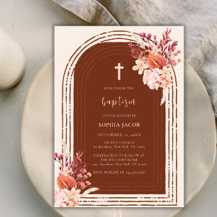 Invitation Boho Terracotta Floral Arch Cross Baptême