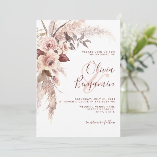 Invitation Boho Terracotta Floral Champagne Neutral Mariage (Debout devant)