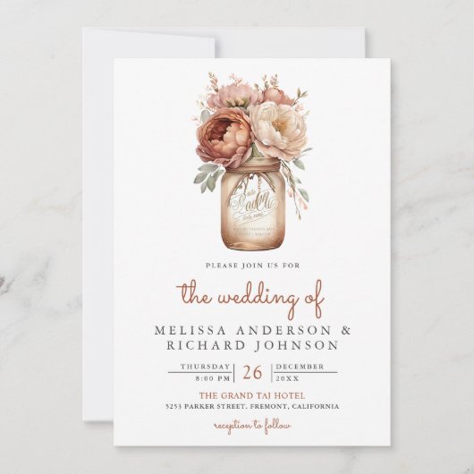 Invitation Boho Terracotta Floral Mason Jar QR Code Mariage (Devant)