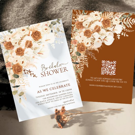 Invitation Boho Terracotta Floral QR Code Fête des mariées