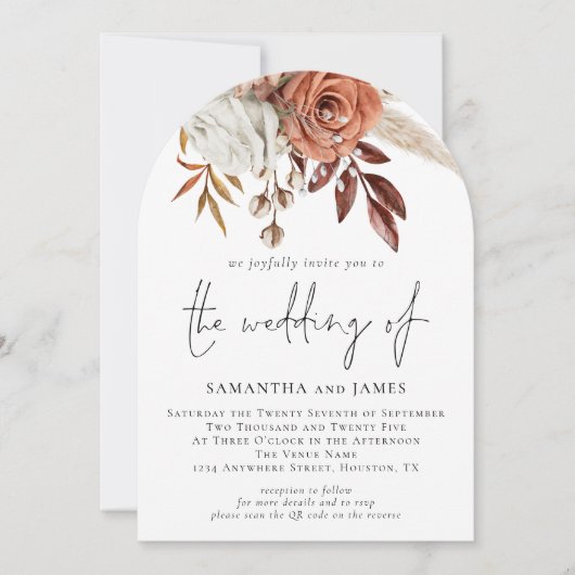 Invitation Boho Terracotta Florals Photo QR Code Mariage (Devant)