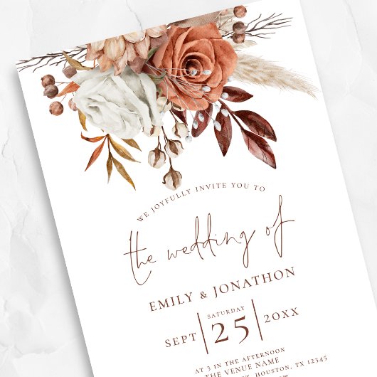 Invitation Boho Terracotta Florals QR Code Mariage