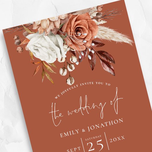 Invitation Boho Terracotta Florals QR Code Mariage rouille