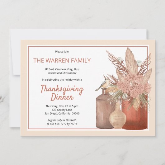 Invitation Boho Terracotta Grasses Séchées Thanksgiving Dîner (Devant)