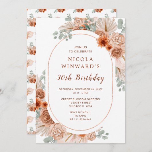Invitation Boho Terracotta Pampas Fête d'Anniversaire (Devant / Derrière)