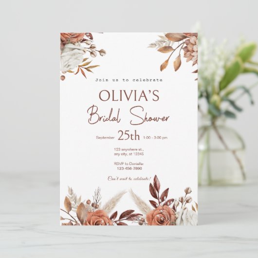 Invitation Boho Terracotta Pampas Fête des mariées en herbe (Debout devant)