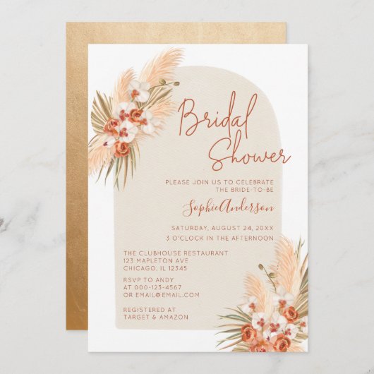 Invitation Boho Terracotta Pampas Fête des mariées en herbe (Devant / Derrière)
