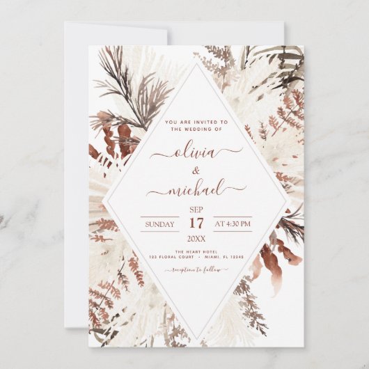 Invitation Boho Terracotta Pampas Grass Mariage beige (Devant)