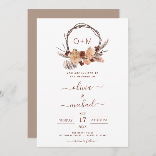 Invitation Boho Terracotta Pampas Grass Monogramme Mariage In (Devant / Derrière)