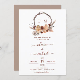 Invitation Boho Terracotta Pampas Grass Monogramme Mariage In